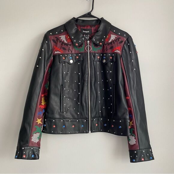 Desigual Carole Jewelled Faux Leather Embroidered Jacket Size 8 NWT - Picture 1 of 13